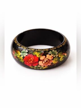 VINTAGE Russian Black Lacquer Floral Painted Bangle Bracelet Small